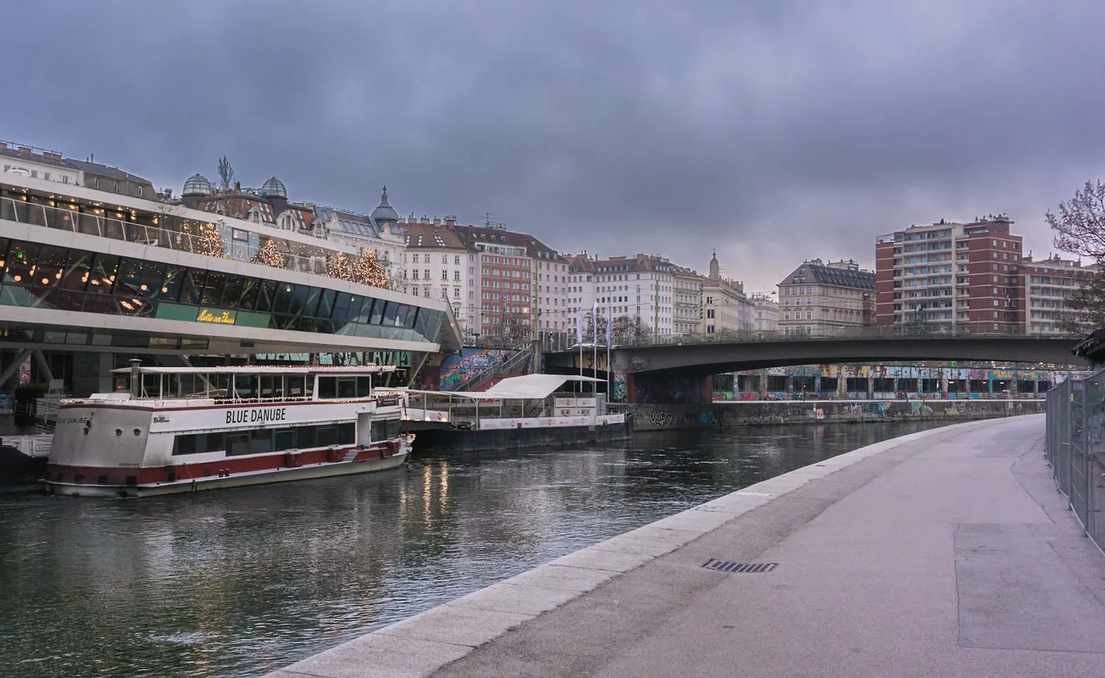 Donaukanal at Schwedenplatz with the Blue Danube boat and Motto am Fluss, Vienna