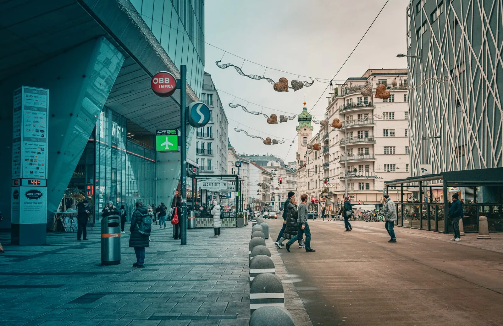Wien Mitte / Landstraße with hanging heart lights and ÖBB sign, Vienna
