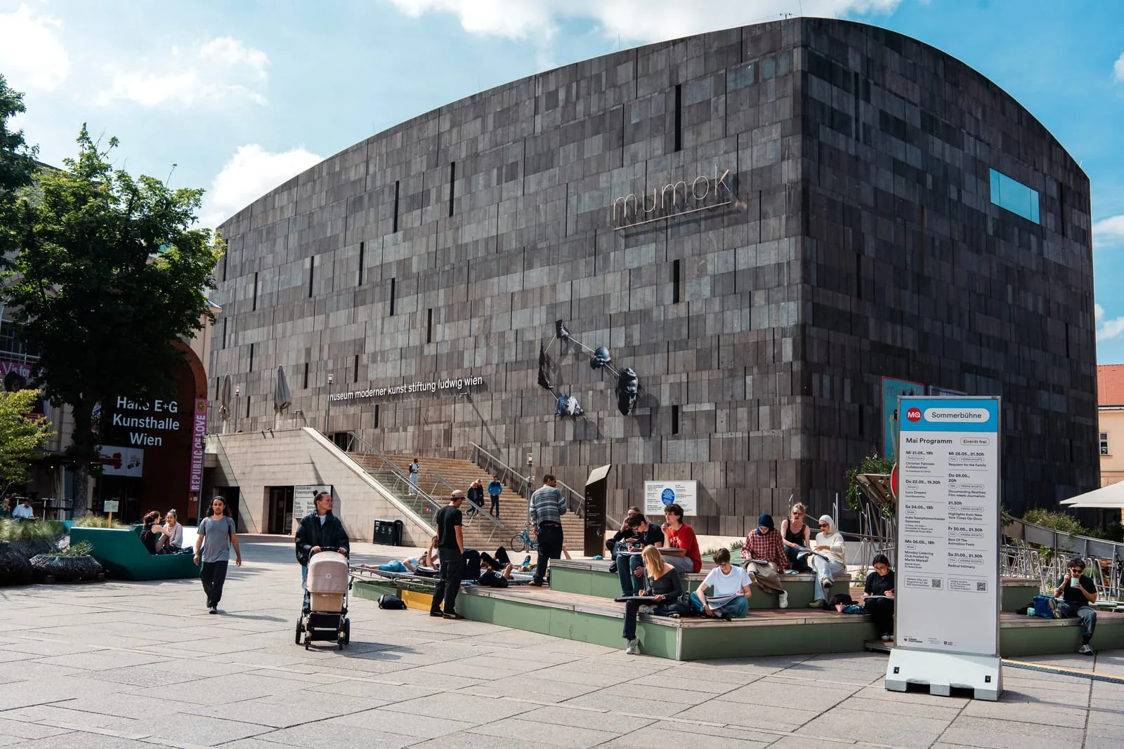 MUMOK contemporary art museum dark basalt façade in the MuseumsQuartier courtyard, Vienna