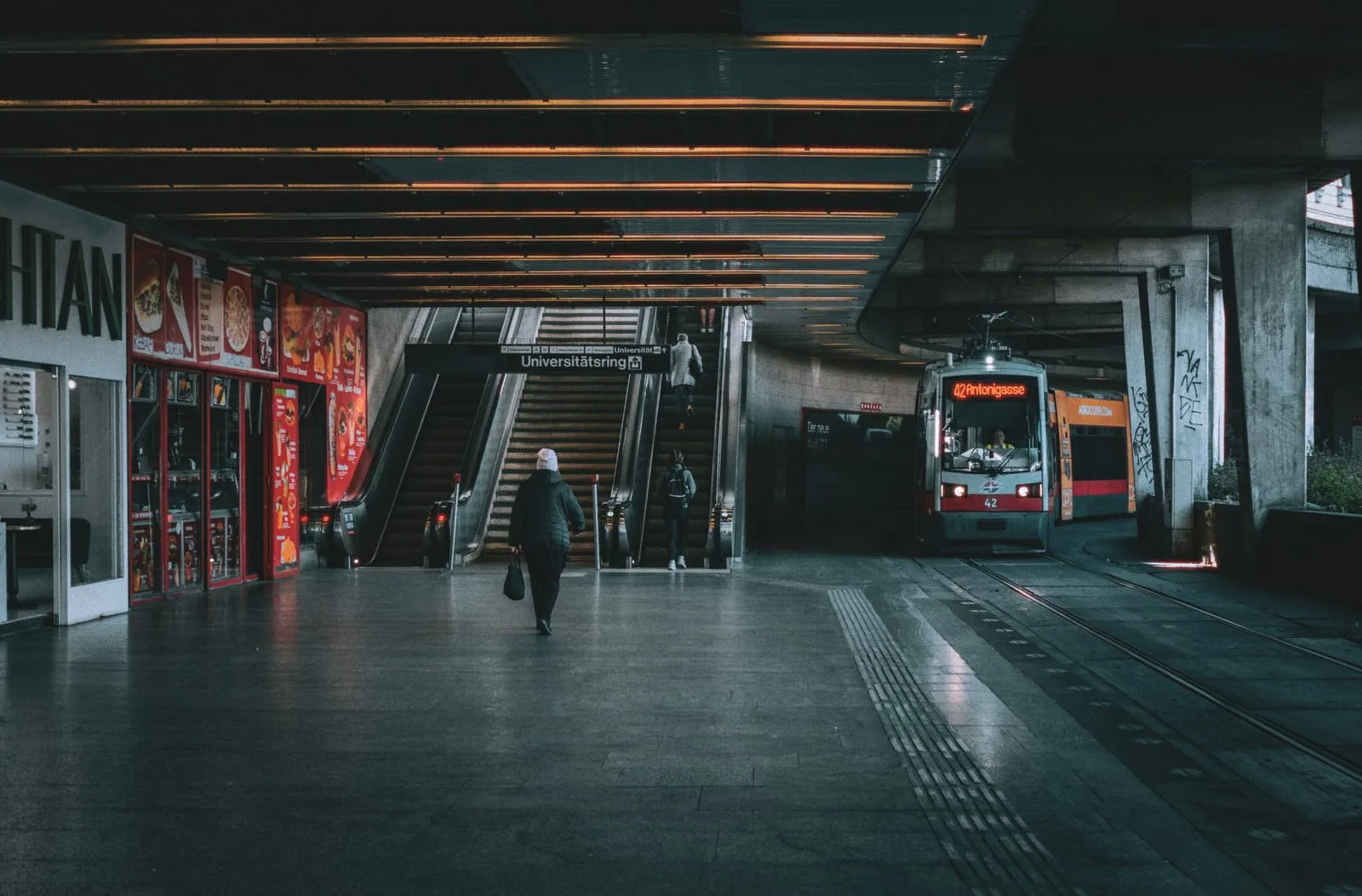 Schottentor underground tram station, line 38 emerging, Vienna