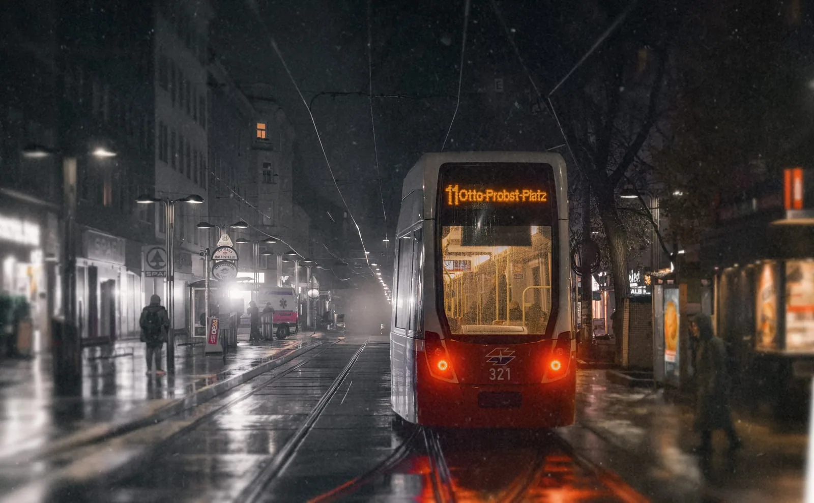 Vienna tram line 11 to Otto-Probst-Platz on a rainy night, wet reflecting street