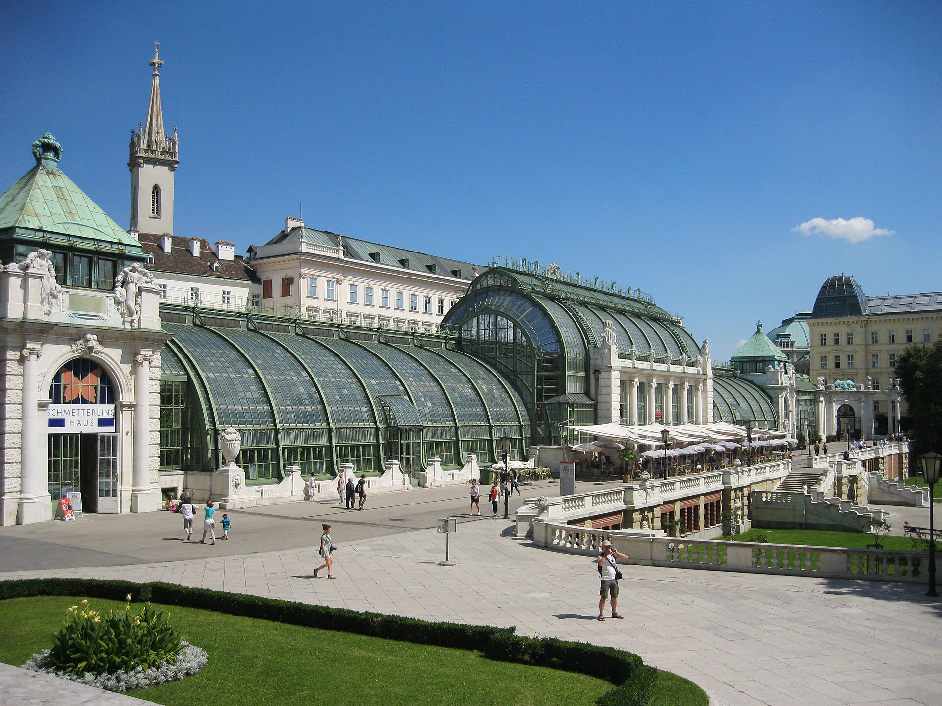 Burggarten Palmenhaus glasshouse and Mozart treble-clef flowerbed, Vienna