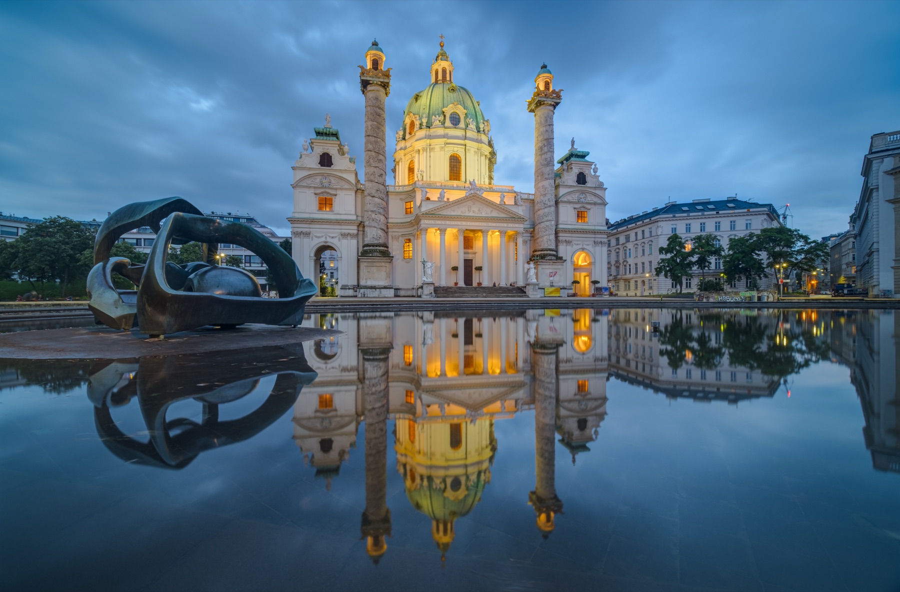 Karlskirche dome and twin columns reflected in the Karlsplatz pool at evening, Vienna — photo guide by Best Alex Shots