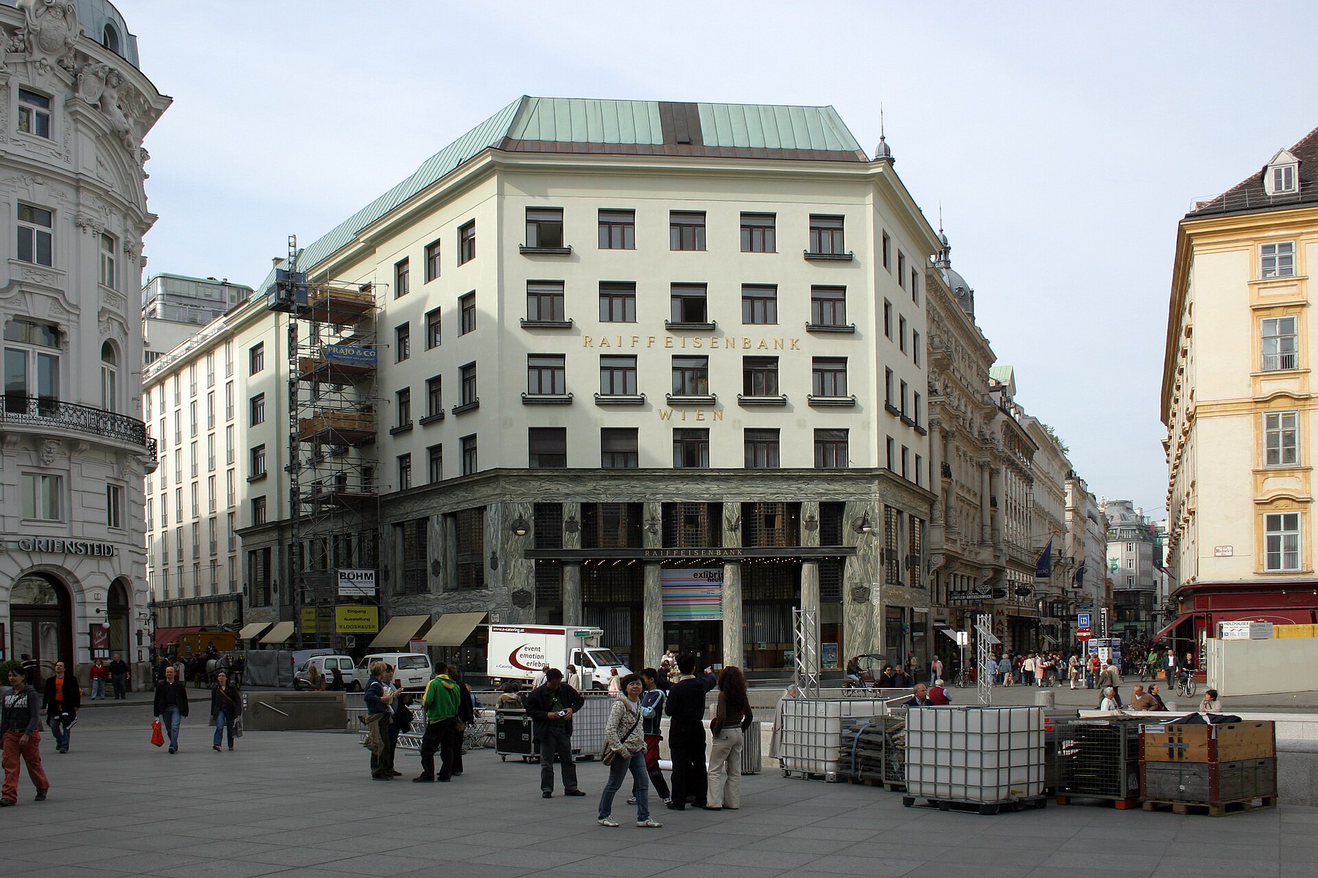 Looshaus marble facade against Hofburg baroque, Michaelerplatz Vienna