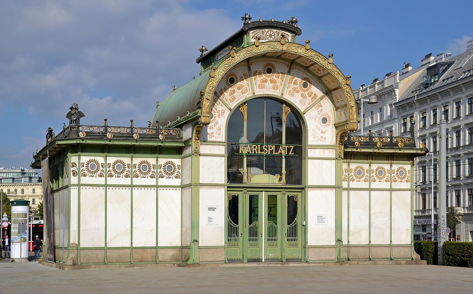 Otto Wagner Stadtbahn pavilions in green and gold Art Nouveau, Karlsplatz Vienna