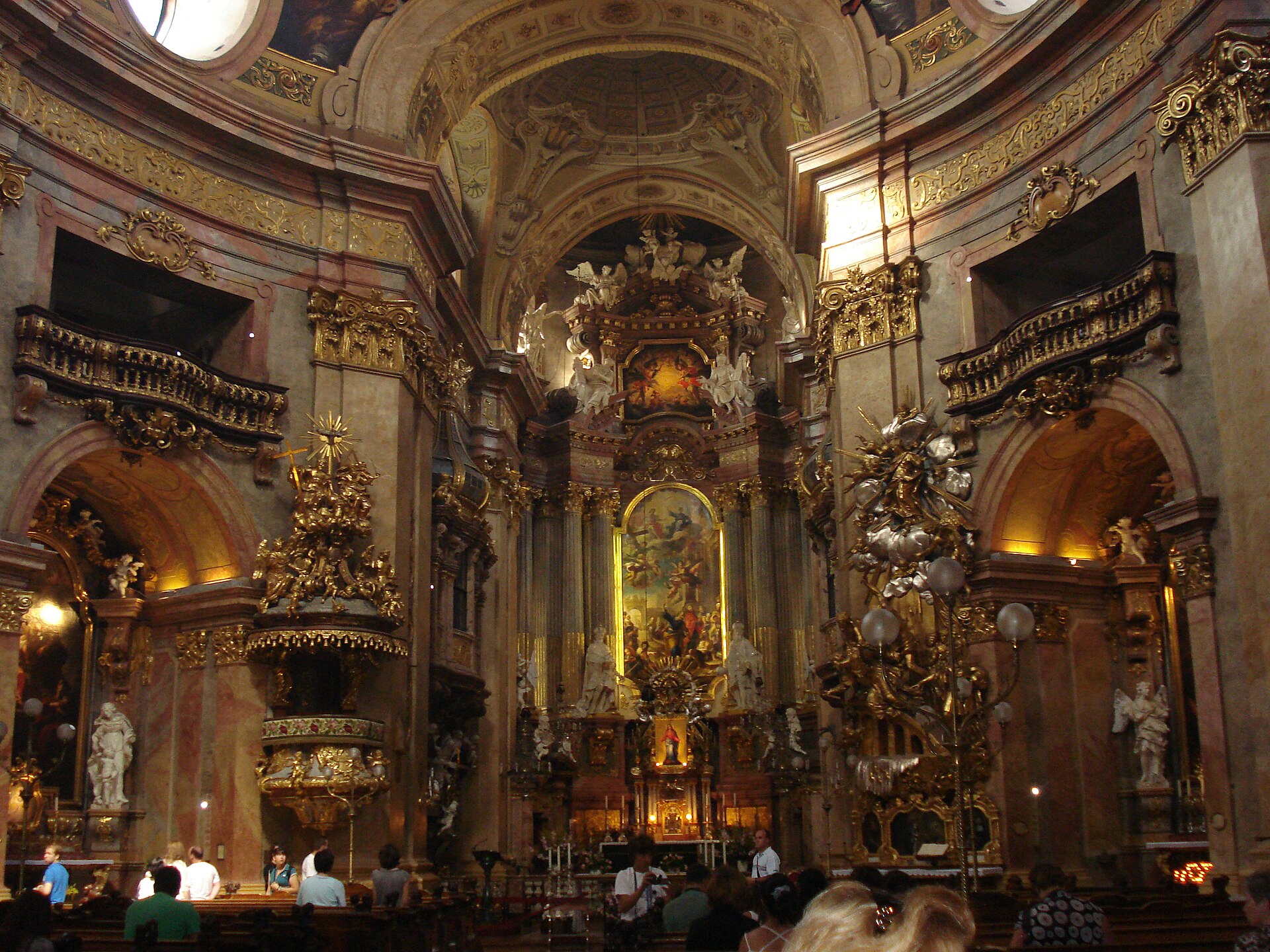 Peterskirche baroque dome above Petersplatz cobblestones, Vienna