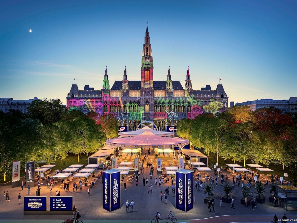 Rathausplatz · Eurovision 2026 — Turquoise Carpet event with light projections on Vienna City Hall, Wiener Rathaus