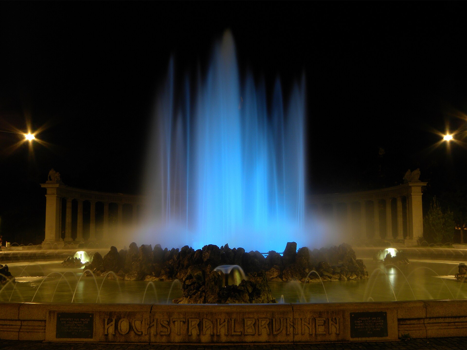 Hochstrahlbrunnen fountain and Soviet memorial at blue hour, Vienna