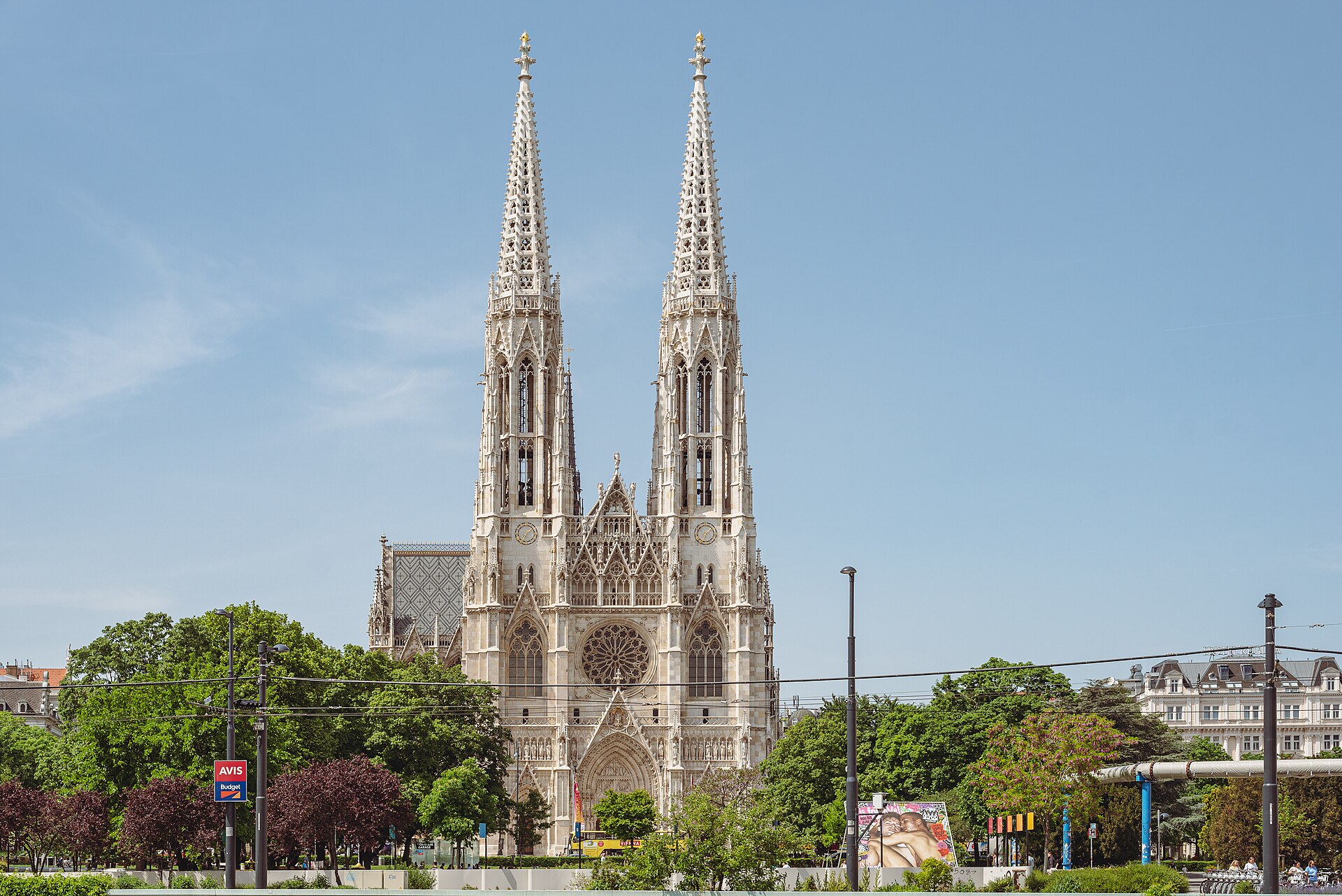 Votivkirche neo-Gothic twin spires from Sigmund-Freud-Park, Vienna