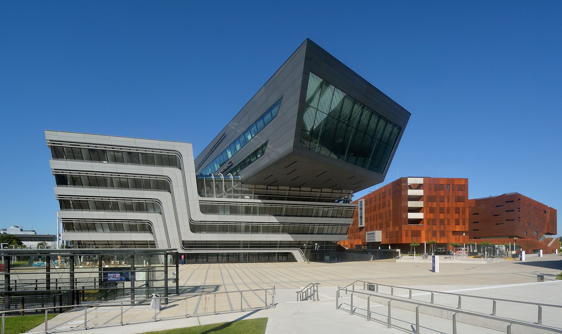 Zaha Hadid WU Library black cantilever exterior, Vienna